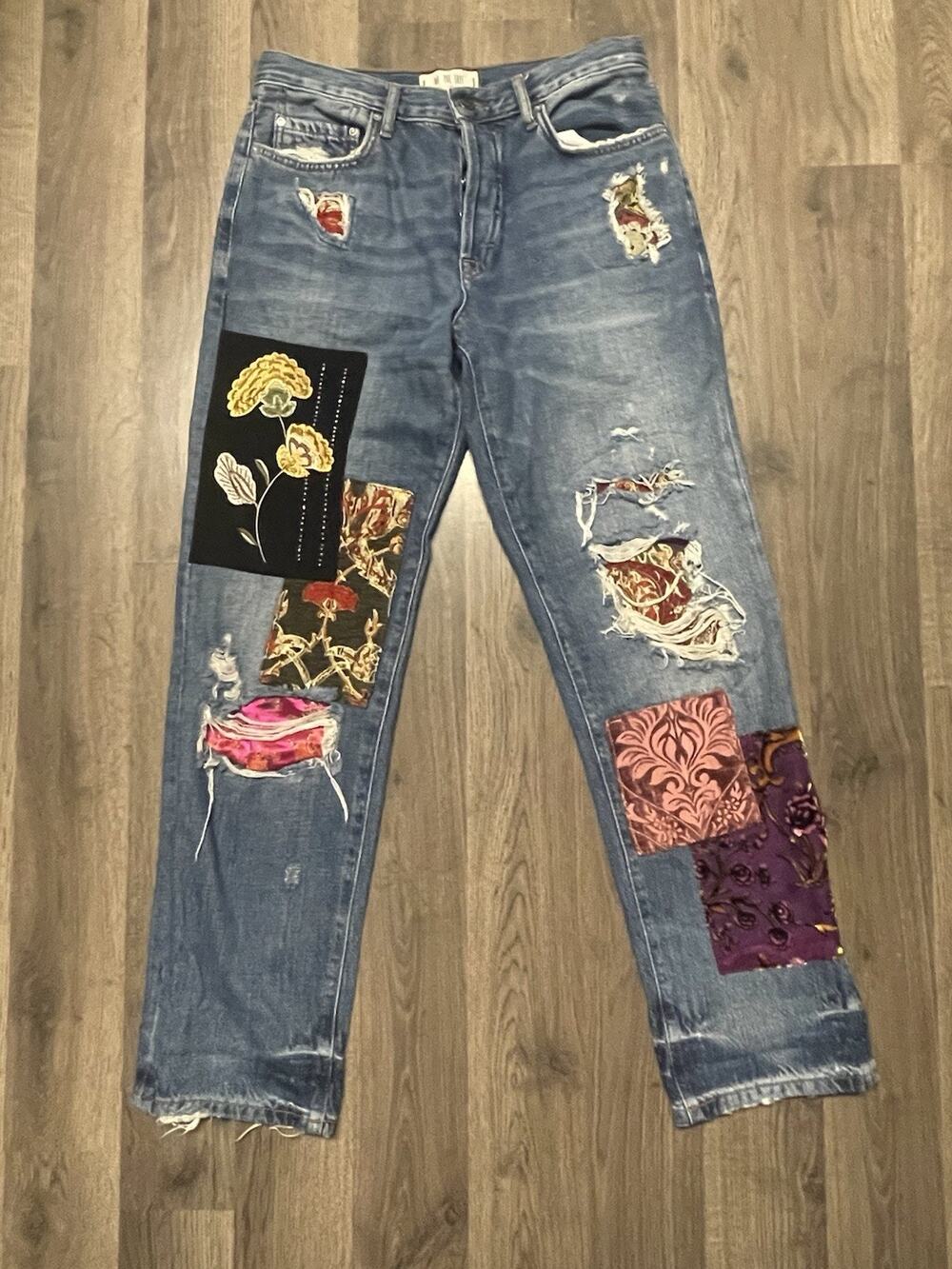 Free People We The Free Patchwork Distressed Jeans Floral Embroidered Size 26